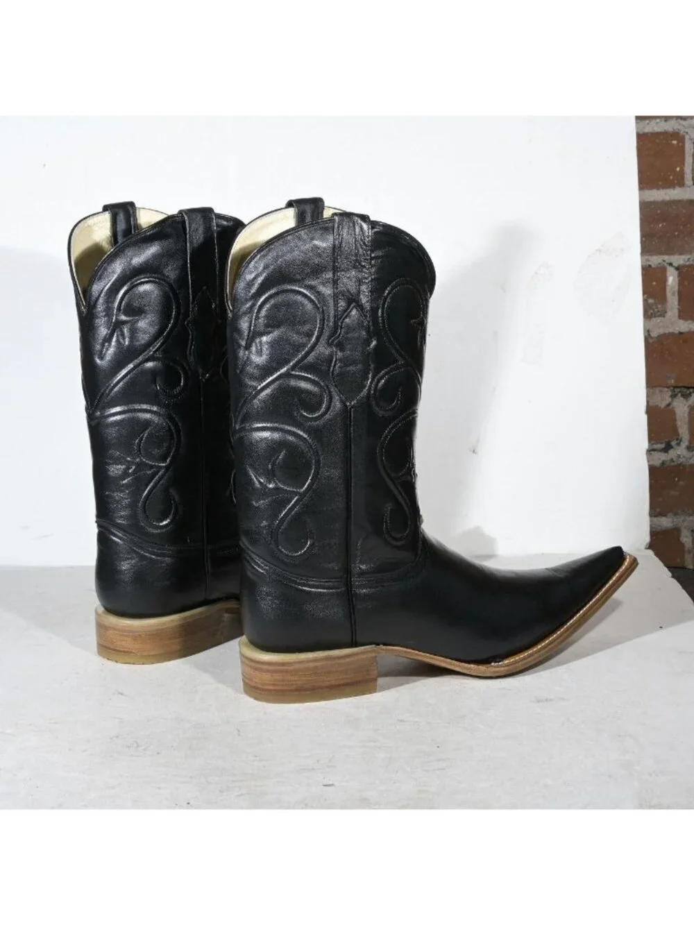 Vintage Black Leather Cowboy Boots Deadstock New in Box Embroidered Shaft Men's - Picture 3 of 7